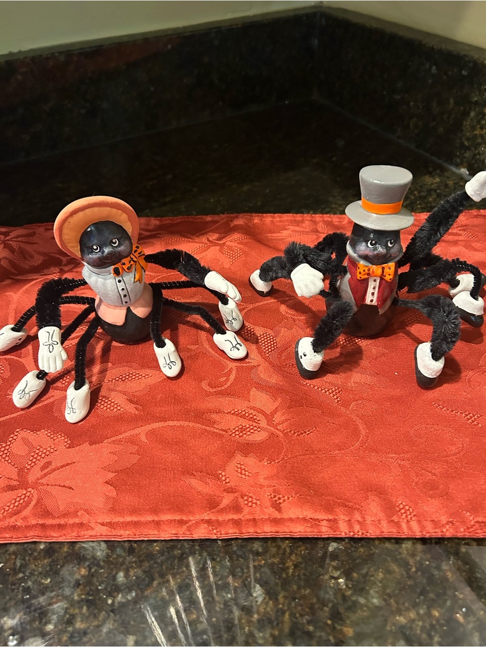 Hand Painted Halloween Orange Black Ceramic Spider Set